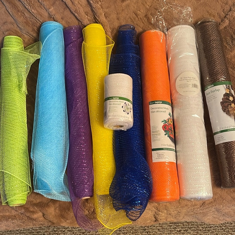 Lot of decorative mesh. 1 faux burlap.3 full long/1 full short/4 partial rolls.